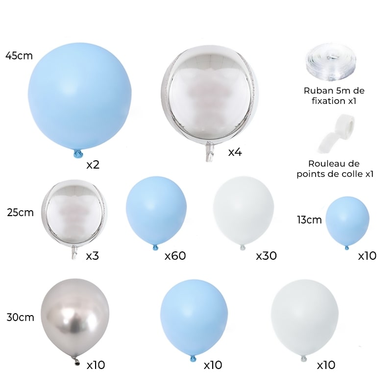 Kit arche de ballon anniversaire bleu blanc argent