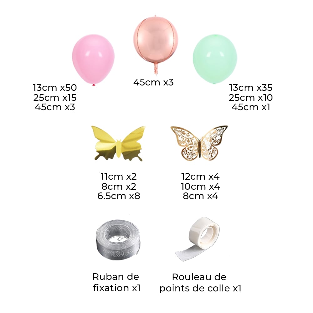 Kit arche de ballon rose et vert avec papillons