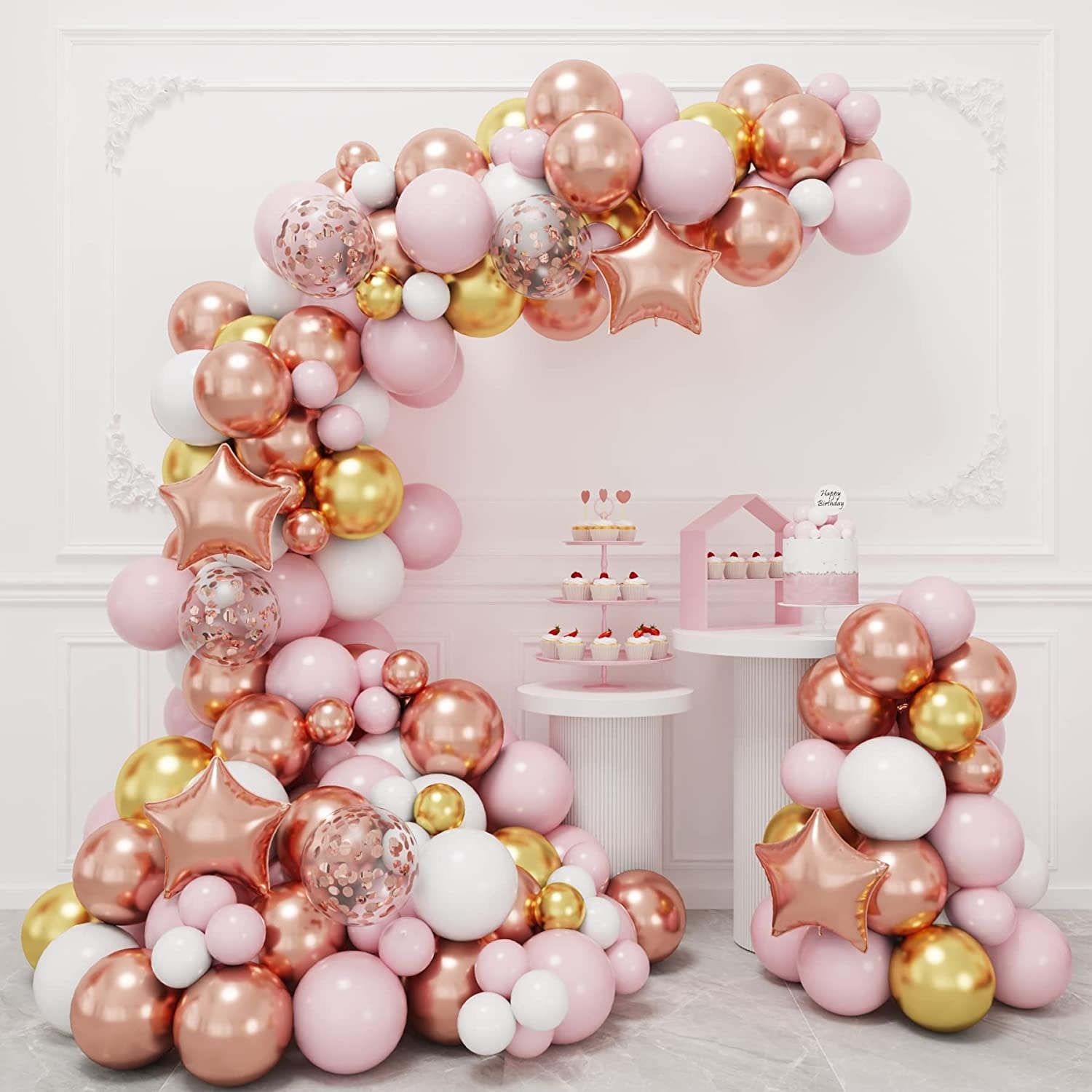 Arche de ballon rose gold et blanc anniversaire