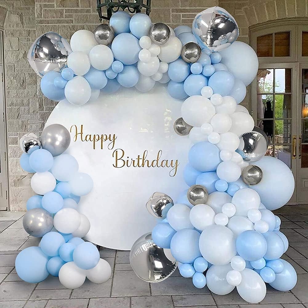 Arche de ballon bleu blanc argent anniversaire