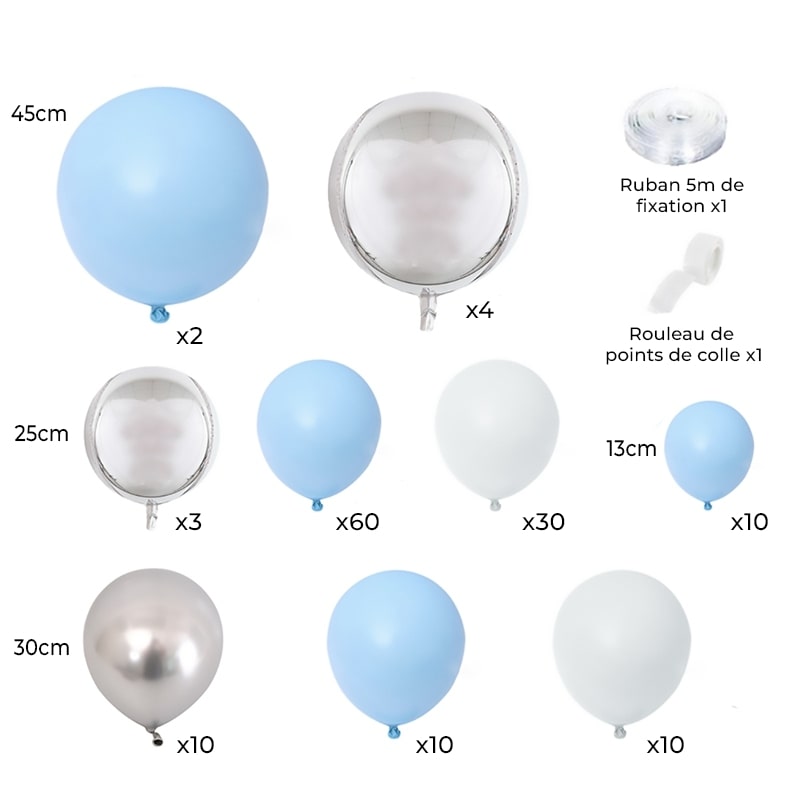 Arche de Ballon Bleu Blanc Argent