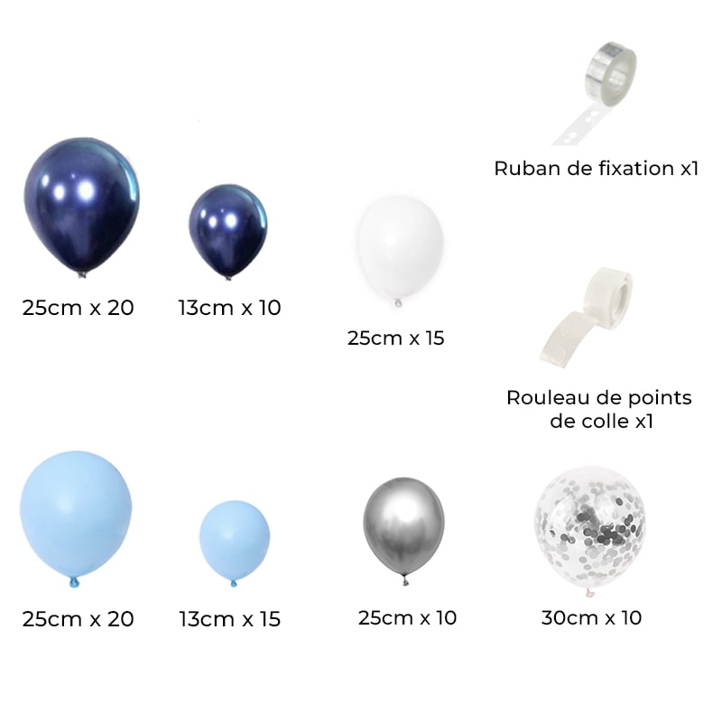 Gros lot 30 Ballons de baudruche couleur métallique, Blanc Bleu